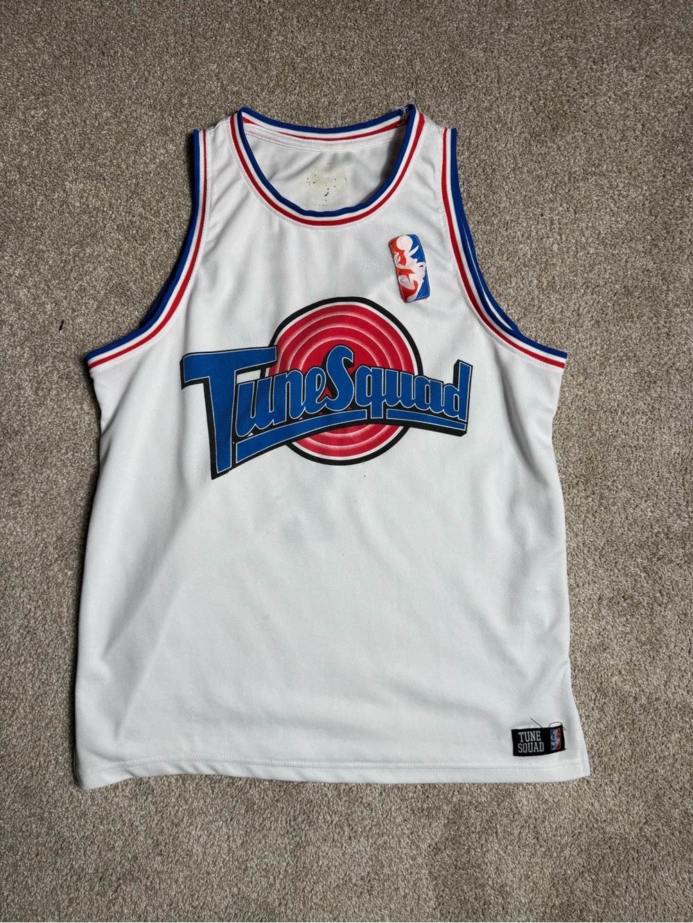 Tune Squad White Basketball Jersey with Red & Blue Accents